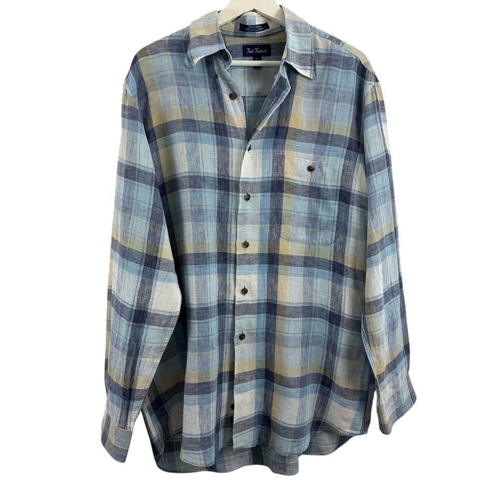 PAUL FREDRICK PLAID 100% LINEN LONG SLEEVE SHIRT MEN'S SIZE M